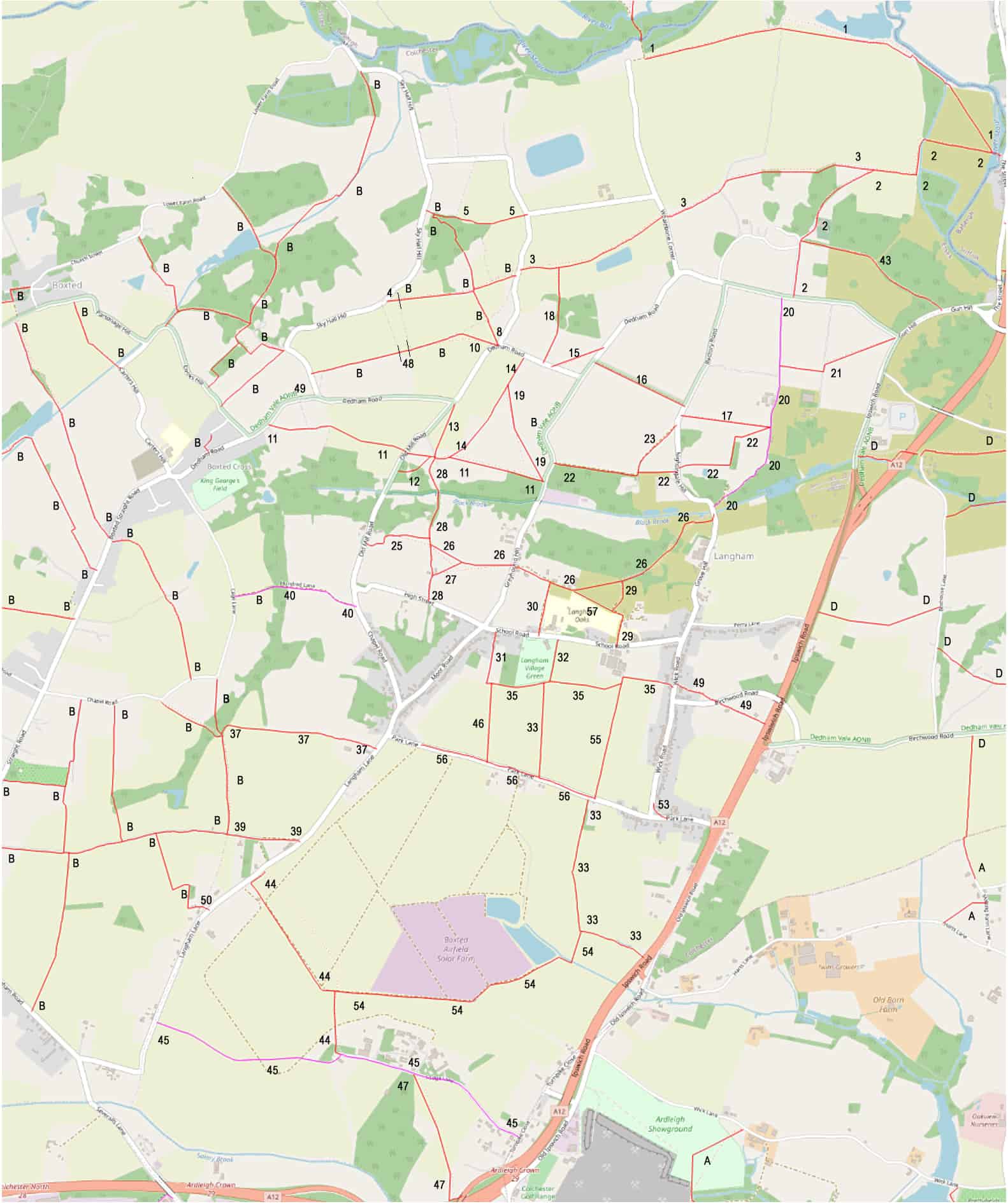 Map showing all of Langham's footpaths